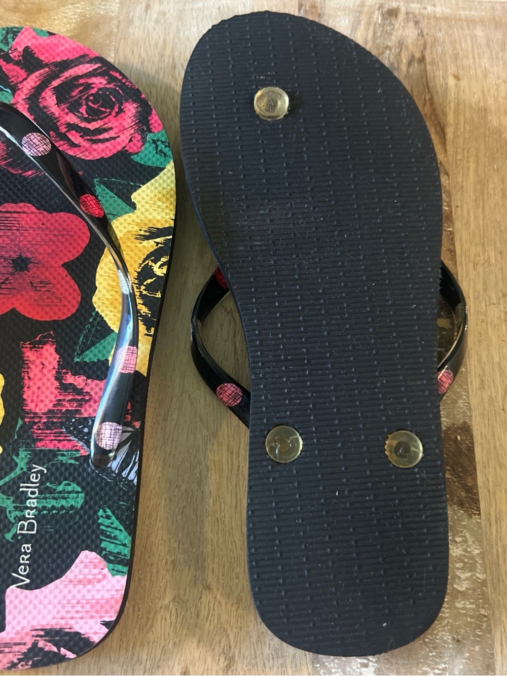 Vera Bradley Black Floral Print Flip Flops with Multicolor Roses - Picture 5 of 7